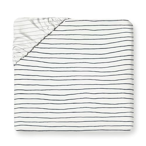 MakeMake Organics Organic Queen Fitted Sheet Set GOTS Certified Organic Cotton Fitted Sheet with Pillowcase Ultra Soft Non Toxic Breathable Hypoallergenic Blue Stripes Neutral (Queen, Stripes Navy)
