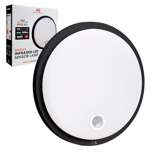Maclean MCE525 B 10W LED Ceiling Light with PIR Motion Sensor IP65 1000LM Neutral White Light 4000K Indoor Outdoor Black
