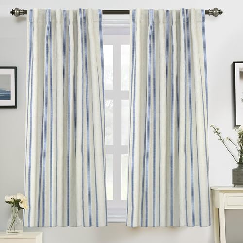 DriftAway Farmhouse Stripe Blackout Curtains, W52xL54, Navy - Blackout, Linen Texture, Stripe Pattern, Rod Pocket & Back Tab, Two Layers, Bedroom Living Room Use, Sound Reducing Design