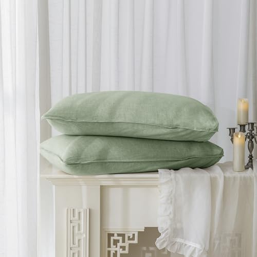 EVERLY 100% Linen Pillowcases Set of 2, Envelope Overlap Closure French Natural Washed Flax Pillowcases 20x30 inches-Saga Green