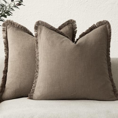Foindtower - Set of 2 Decorative Boho Farmhouse Style Linen Fringe Cushion Covers with Tassels - For Couch, Sofa, Bed, Living-Room - Home Decor - 55 x 55 cm - Light Brown