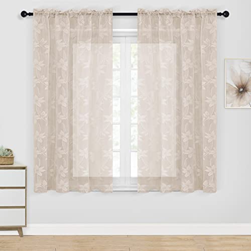 DWCN Beige Short Sheer Curtains for Kitchen - Floral Lace Design Rod Pocket Window Voile Sheer Drapes for Kitchen Living Room Window Curtain Panels 42 x 45 inch Length, Set of 2,