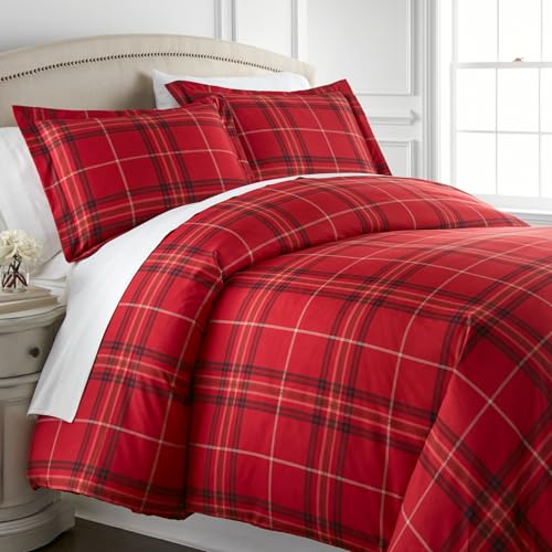 "Southshore Fine Living, Inc. Duvet Cover Full/Queen Size Set ??? Extra Soft Bedding w/Zipper Closure ??? Full/Queen Duvet Cover Set 98""x 98"" & 2 Pillow Shams 20""x36"" ??? Wrinkle Resistant??? Vilano Plaid Red"