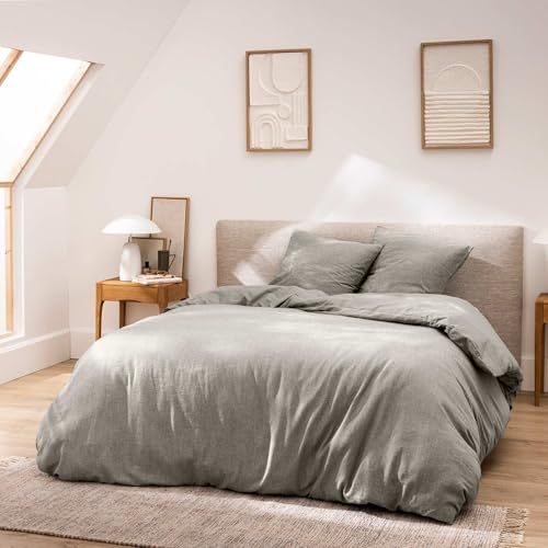 Douceur d'Intérieur, 3-Piece Bedding Set (240 x 220 cm) Meline Anthracite 100% Cotton Yarn Dyed