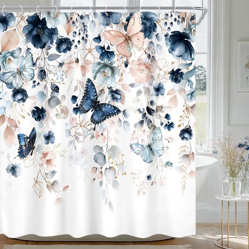 "Ufeela Blue Floral Butterfly Navy Plant Gold Bathroom Shower Curtain Set - 72""W x 72""L Flower Leaves style, clear shower print, fast-dry fabric and hooks for a simple bath update."
