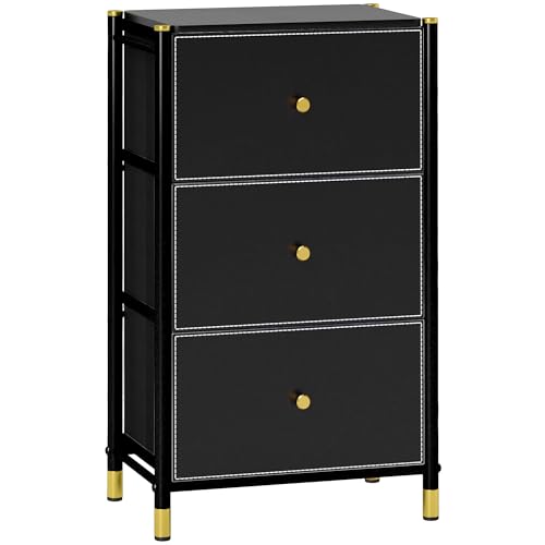 HOMCOM Chest of Drawers, 3 Drawer Fabric Dresser with PU Leather Surface, Steel Frame, Storage Organizer Unit for Bedroom, Living Room, Hallway, Closet, Easy to Assemble, Black