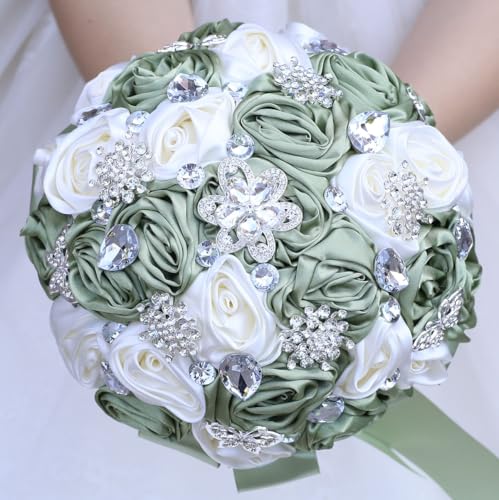 "Mhojpik 9.8"" Sage Green & Ivory Bridal Wedding Bouquet Round Bling Brooch Bouquet Throw Toss Artificial Rose Flower Bunch for Bride Bridesmaid Wedding Quinceanera"