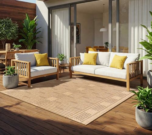 Livabliss Newman Indoor Outdoor Rug, Large Boho Rugs for Living Room 160x213 cm Dining, Kitchen Carpet, Patterned Neutral and Coloured Rugs, Waterproof, Stain Durable, Tan, Dark Brown