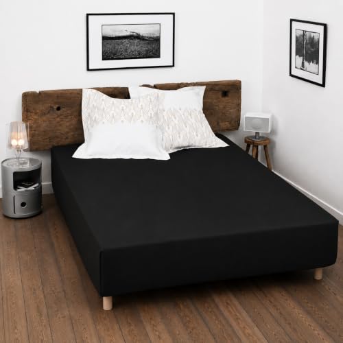 Home Linge Passion 100% Cotton Fitted Sheet – 57 Thread Count – Size 180 x 200 cm – Black – 35 cm Deep – Tight Weave – Soft, Breathable, Washable – Home linge passion