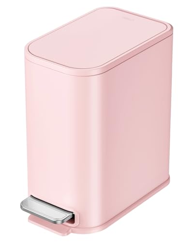 Cesun Small Bathroom Trash Can with Lid Soft Close, Step Pedal, 5 Liter / 1.3 Gallon Stainless Steel Garbage Can with Removable Inner Bucket, Waste Basket for Bathroom, Bedroom (Pink)