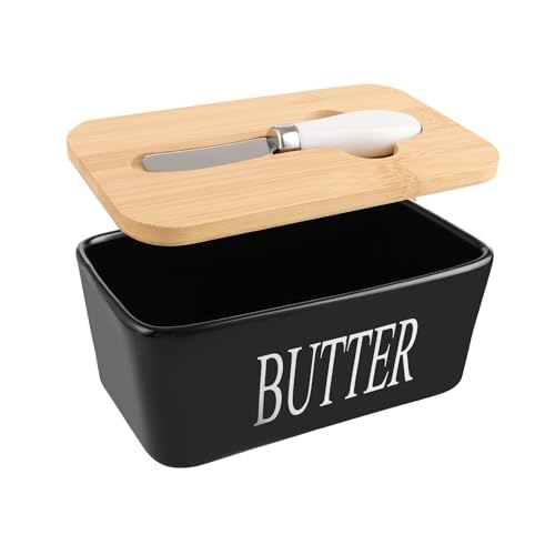 ASelected 650 Ml Large Butter Dish with Lid, Butter Dish Porcelain Butter Dish with Double Silicone Seals Cover for Butter Cheese Storage (Black)