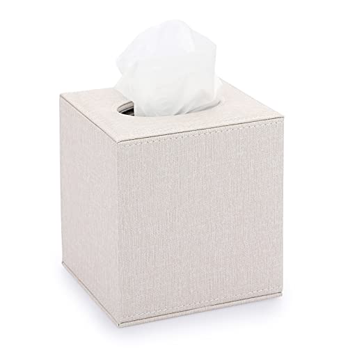 Sumnacon Square Linen Tissue Box Cover - Stylish Cube Tissue Box Holder with Magnetic Bottom, Decorative for Vanity, Toilet Tank, Dresser, Night Stand, Table, Countertop, Office, Beige