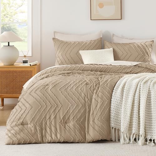 Andency Taupe Comforter Set Full Size, 3 Pieces Soft Bedding Set - Boho Warm Bedding Comforter Sets for Full Size Bed Set, Aesthetic Chevron Farmhouse Cute Bohemian Textured Bedding Set