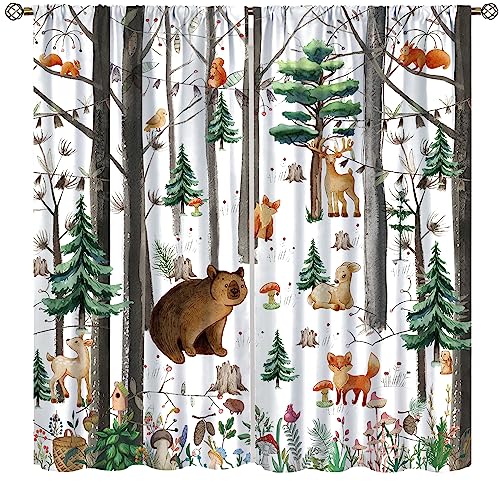 YCness Kid Forest Woodland Animal Fox Elk Bear Watercolor Print Curtains for Nursery Bedroom Living Room, Rustic Wild Animal Window Drapes 2 Panel Set, 42x45 Inch
