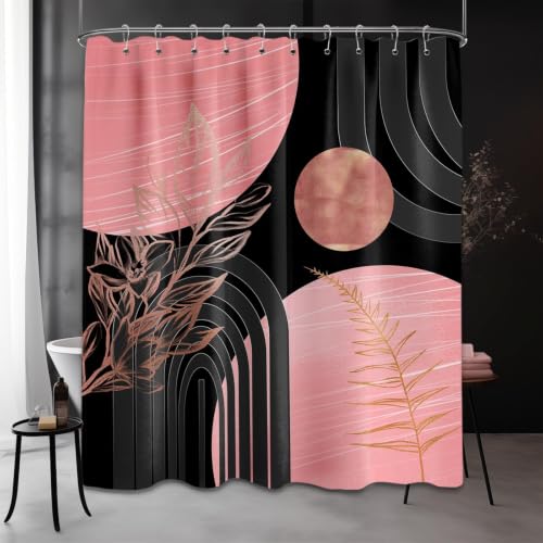 "QGHOT Black and Pink Shower Curtain Boho Mid Century Dark Pink and Gray Shower Curtains for Bathroom Decor, Waterproof Cloth Fabric with Hooks, 60"" W x 72"" L"