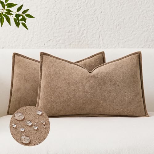 Kevin Textile Waterproof Decorative Pillow Covers Camel 12x20 Inch Pack of 2 Soft Boucle Textured Lumbars Cushions Elegant Accent Pillows for Couch Sofa Chair Bed Home Decor Indoor Outdoor