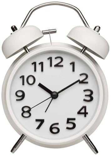 TFA Dostmann Retro Analogue Double Bell Alarm Clock Metal 60.1040 No Ticking Silent Movement Battery Operated Vintage Alarm Clock Quartz Clock Bell Alarm Clock White