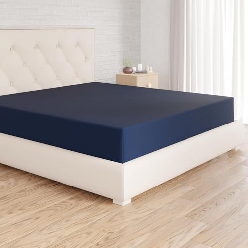 Amazon Basics Bedding Soft Microfibre Emperor Fitted Sheet with 12 inch (30 cm) Deep Pocket, 200 x 200 cm, Navy Blue