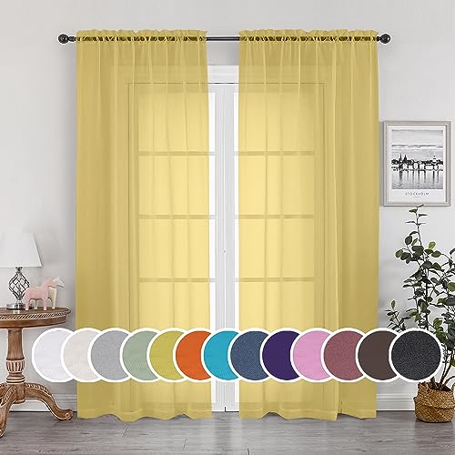 "OWENIE Sheer Curtains 84 Inches Long 2 Panels Set, Gold Sheer Curtain for Living Room, Rod Pocket Voile Fimly Sheer Drapes for Bedroom, 2pcs, Each 42"" W x 84"" L"