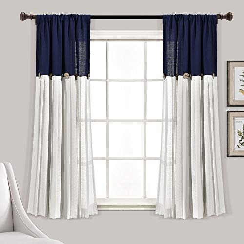 "Lush Decor Linen Button Window Curtain Single Panel, Navy & White, 63"" L x 40"""