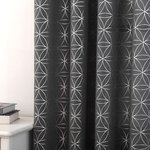 "Taisier Home Silver Linen Grommet Window Curtain Panels Metallic Geo Moroccan Tile Foil Print Soft Grey Semi Sheer Draperies for Bedroom Living Room,Light Filtering Window Treatment,52""Wx63""L,2 Panels"