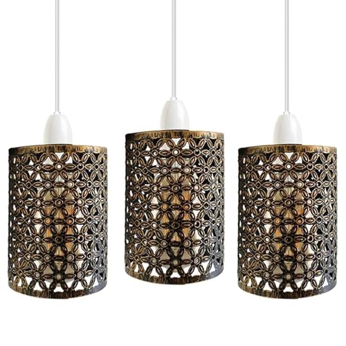 3 Pack of Industrial Brushed Copper Metal Bulb Guard Drum Shaped Lampshades for Ceiling Pendant Lights, Indoor Easy Fit Wire Cages for Kitchen, Hallways (3Pack - Brushed Copper)