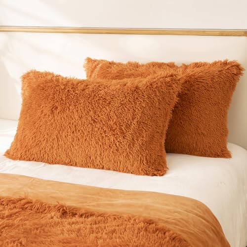 "HAIHUA Faux Fur Burnt Orange Pillow Cases, Fluffy Soft Fuzzy Decorative Pillow Cases, for Home Bedroom Living Room Cute Pillow Cases Set of 2???Zipper Closure (Burnt Orange, Standard 20""x 26"")"
