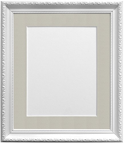 FRAMES BY POST Shabby Chic Picture Photo Frame, Plastic, White with Light Grey Mount, 14 x 11 Image Size 10 x 8 Inches