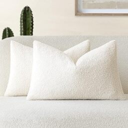 Foindtower Pack of 2, Curly Faux Fur Decorative Throw Pillow Covers Soft Neutral Plush Cushion Case Cozy Fluffy Furry Boho Pillowcase for Home Living Room Couch Bed Sofa 12 x 20 Inch, Cream White
