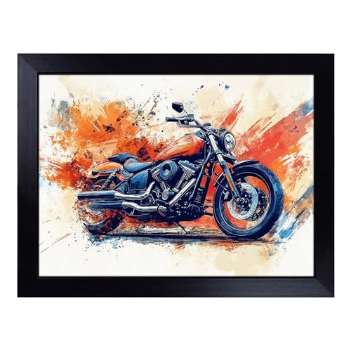 Lap Tray with Bean Bag Cushion, Motorbike Artwork - Handmade in the UK, Raised Wooden Edge, Padded Cushion, Heat-Resistant Wipe-Clean Surface, for Meals, Laptops and Crafts