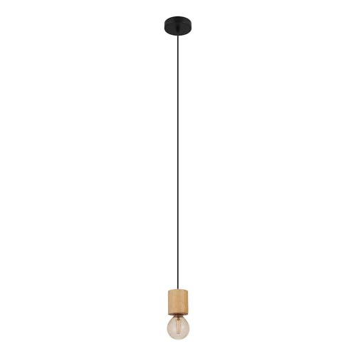 Eglo Pendant Lighting Turialdo, E27 Socket lamp Holder, Vintage Hanging lamp Industrial Ceiling Light Fixture, Natural Wood and Black Metal, FSC Certified