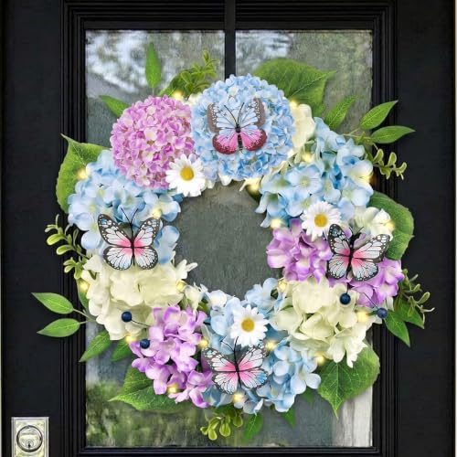 Hotop 24 Pcs Artificial Hydrangea Heads Flowers for Spring Summer Decor Silk Flower Hydrangea with Simulated Butterflies for Weddings, Parties, Birthdays, Home Living Rooms (Blue, White, Purple)