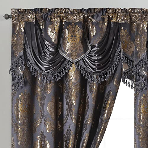 "Luxe Love. Jacquard Window Curtain Panel Drape with Attached Fancy Valance. 2pcs Set. (Deep Grey, 54"" Wide x 84"" Drop with 18"" Valance x 2pcs)"