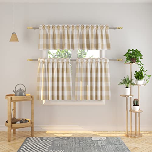 "3 Pc Cotton Classic Country Farmhouse Kitchen Window Curtain -Beige & White Buffalo Check Tier & Valance Set, 54"" x 18"" / 27"" x 24"""