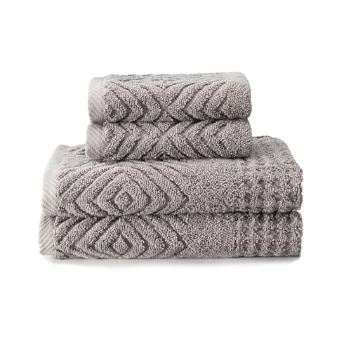 Texere 100% Organic Cotton Diamond Jacquard 700 GSM Luxury Bath Towel Sets - Ultra Soft and Absorbent Hotel and Spa Quality (Diamond, Cathedral Gray, 2 Hand & 2 Face Towels)