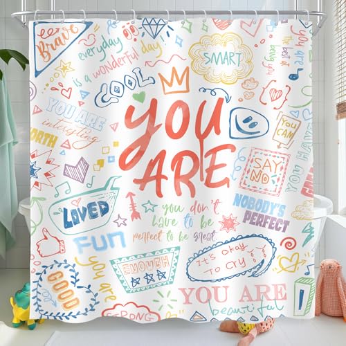 AMBZEK Kids Inspirational Quotes Shower Curtain 72Wx78L Inch Positive Teens Girls You are Motivational Colorful Graffiti Artwork Cloth Fabric Waterproof Polyester Bathroom Decor Set with 12 Pack Hook