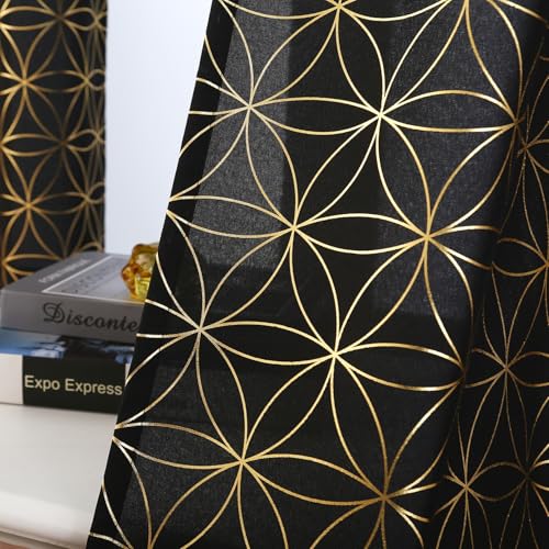 "Taisier Home Gold Linen Grommet Window Curtain Panels Metallic Geo Moroccan Tile Foil Print Black Semi Sheer Draperies for Bedroom Living Room,Light Filtering Window Treatments,52"" Wx95 L,2 Panels"