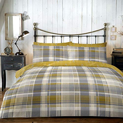 Dreams & Drapes Connolly Check-100% Brushed, Cotton, Ochre Yellow, Duvet Cover Set: King