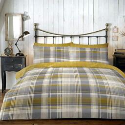 Dreams & Drapes Connolly Check-100% Brushed, Cotton, Ochre Yellow, Duvet Cover Set: King