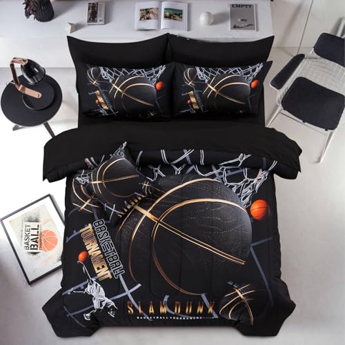 A Nice Night Comforter Set,6 Piece Bed-in-a-Bag with Comforter & Sheet Sets,Basketball Court with Sportsman Slam Dunk Printing for Kids Teen Boys,Queen