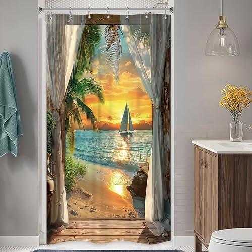 Riyidecor Small Stall Beach Shower Curtain 36Wx72H Inch RV Half Coastal Ocean Sea Hawaiian Sunset Tropical Single Narrow Barn Door Rustic Bathroom Decor Fabric Polyester Waterproof 7 Pack Hooks