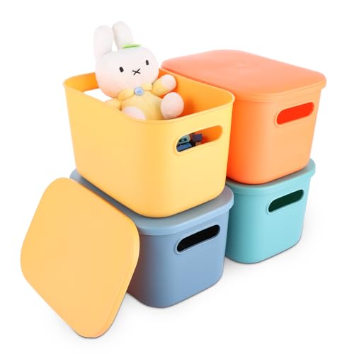 ASelected 4 Pcs Storage Boxes with Lids,Plastic Storage Boxes Kitchen Stackable Storage Baskets for Kitchen, Cupboard, Office, Bathroom, Toy 25.5X18X15.4 cm