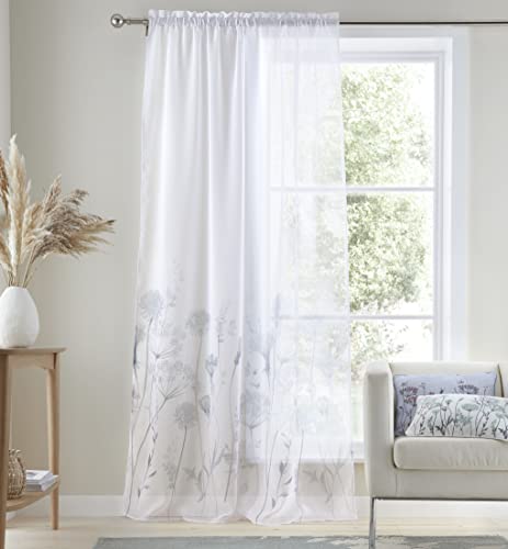 Catherine Lansfield Meadowsweet Floral Tab Top 55x90 Inch Voile Curtains White