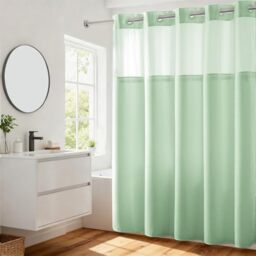 No Hooks Required Waffle Weave Shower Curtain with Snap in Liner - 71W x 74H,Hotel Grade,Spa Like Bath Curtain,Green Light