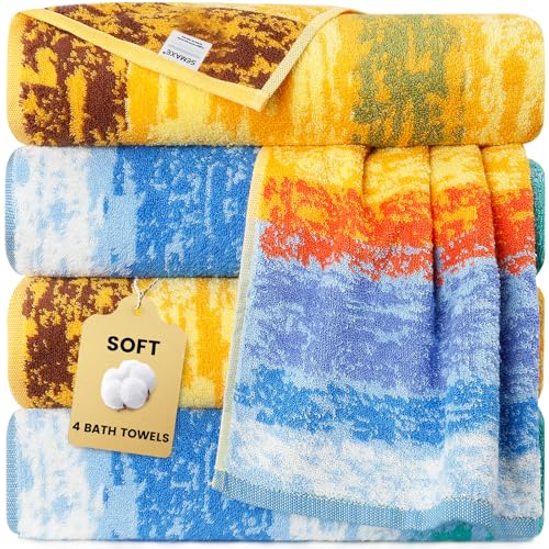 4-Pack Cotton Bath Towels with Hanging Loop, 55 x 27 Inch, Colorful Striped - Stock up for daily showers, guest bathrooms, pool use, and family wash-day rotation, OEKO-TEX certified, easy care