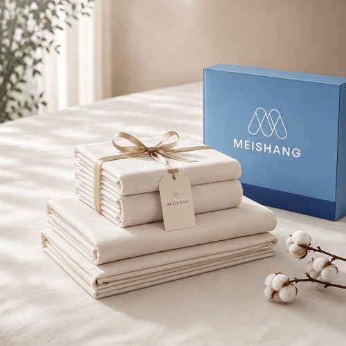 "MEISHANG 1000 Thread Count Cotton Sheets King Size - 100% Egyptian Cotton, Sateen Weave, Ultra Soft & Breathable Sateen, 16"" Deep Pockets - 4 Piece (King, Linen)"