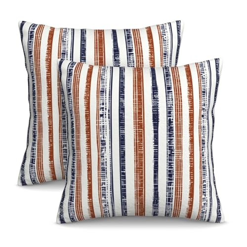 KiuLoam Boho Navy Blue and Burnt Orange Striped Throw Pillow Covers 16 x 16 Inch Set of 2, Fall Stripe Pattern Farmhouse Decorative Pillow Cases Modern Cushion Cases for Couch Bed Home Decor