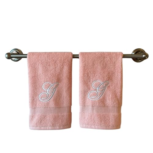 Pink Monogrammed Hand Towels for Bathroom - Luxury Hotel Quality Personalized Initial Embroidered Towel for Powder Room, Spa - GOTS Organic Certified - Set of 2 White Letter G