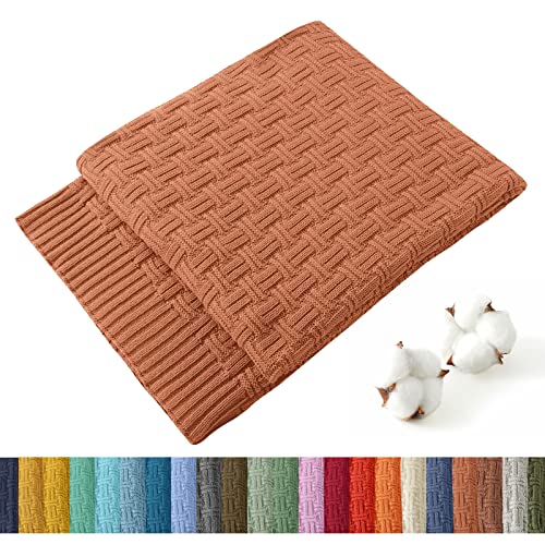 TREELY 100% Cotton Knitted Throw Blanket 31 x 40 Inches, Caramel - Couch Cover Blanket, Decorative for Couch, Bed & Sofa