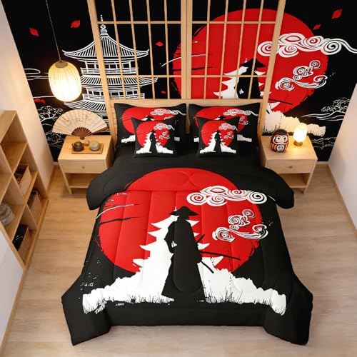 Erosebridal Samurai Comforter Set Sunset Print Bed in A Bag Twin Size 7 Pieces Japanese Ukiyoe Bed Set Room Decor Building Silhouette Bedding with Sheets